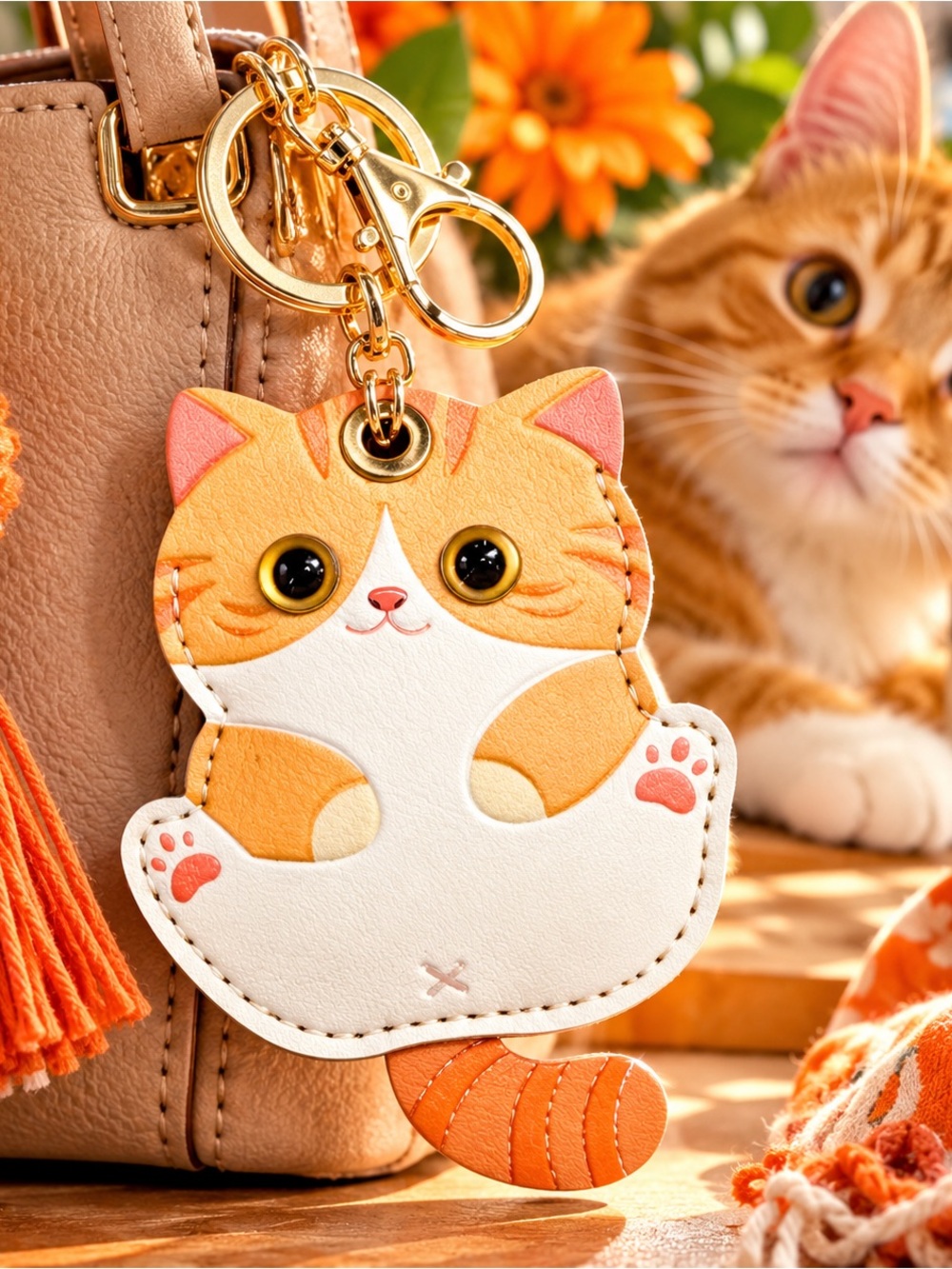 Orange Ginger Cat Tracker Holder Keychain Bag Charm Faux Leather